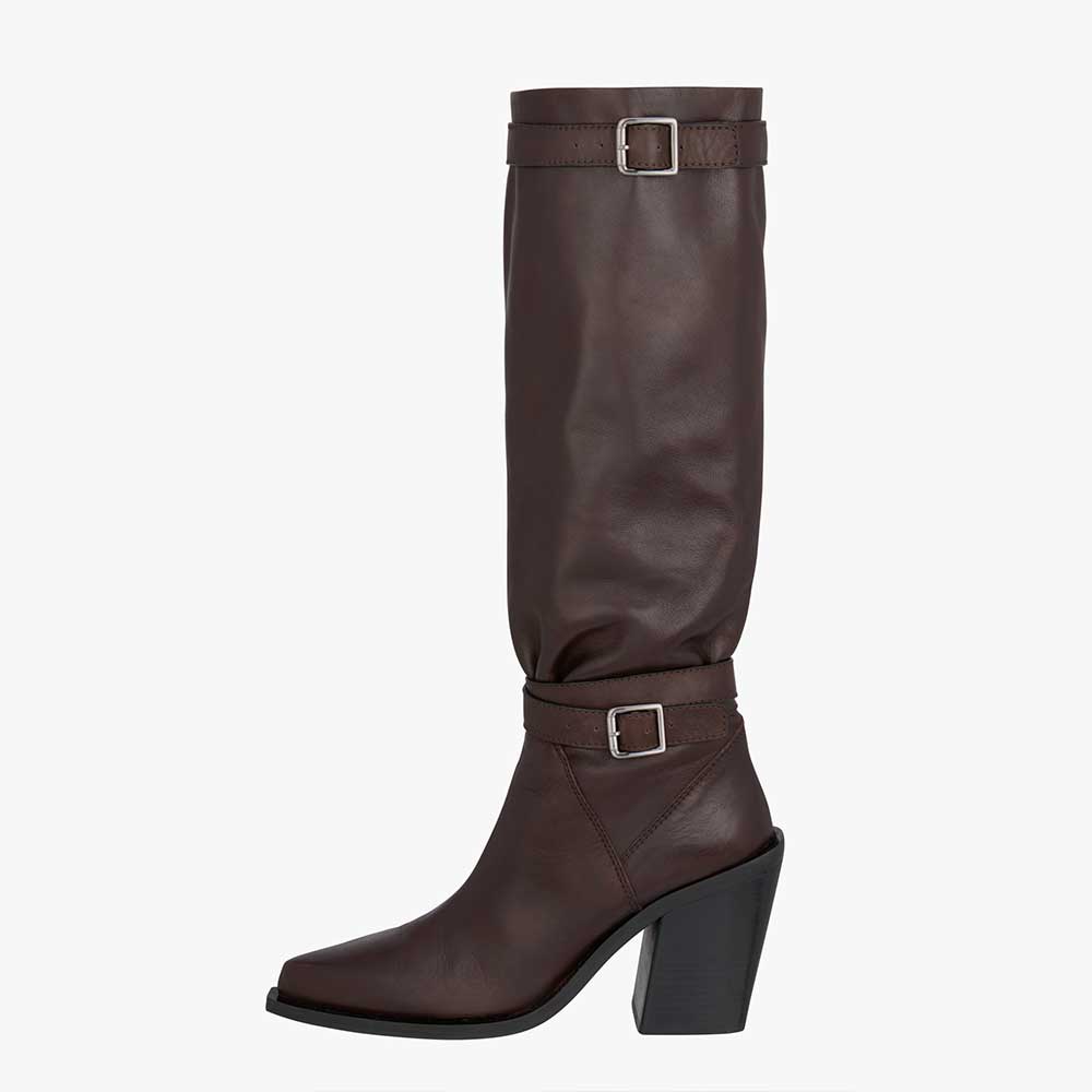Dark Brown Vegan Leather Pointed Toe 3‘’ Chunky Heel Knee High Boots