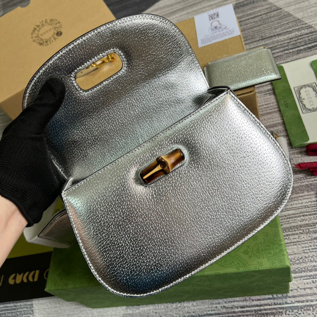 gg Bamboo 1947 Medium Top Handle Bag Silver For Women, Women’s Bags 10.2in/26cm gg