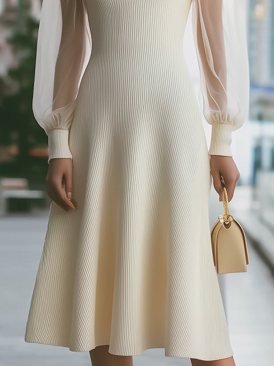 Elegant Cream Ribbed Midi Dress With Sheer Puff Sleeves
