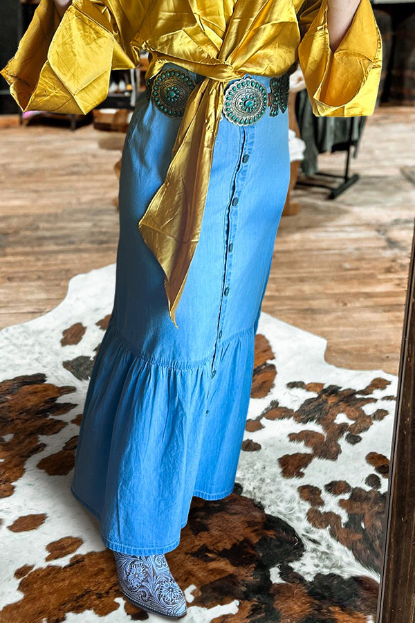 Vintage Washed Ruffle Denim Skirt