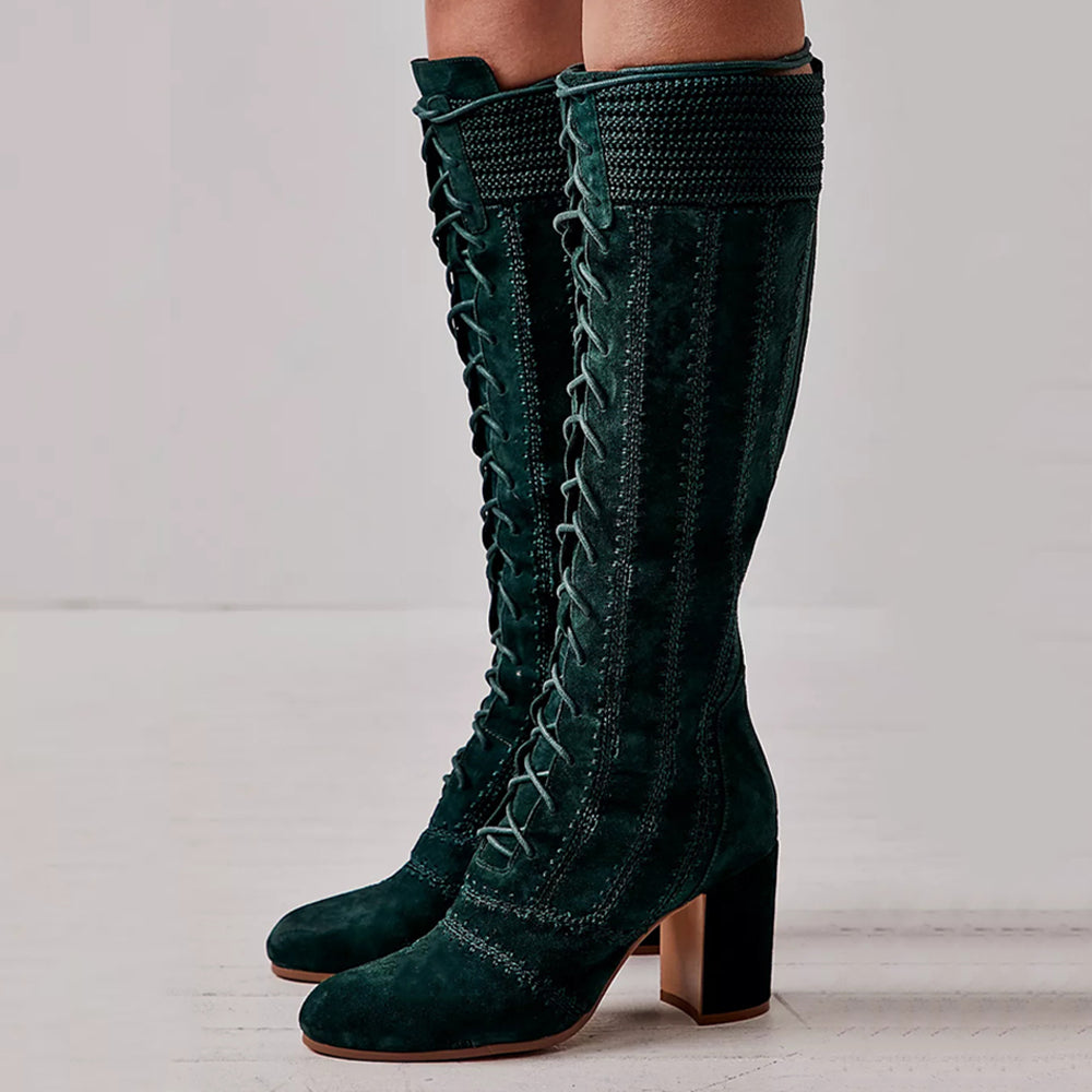 Dark Green Vegan Suede Sewed Knee Lace Up Boots with Block Heels
