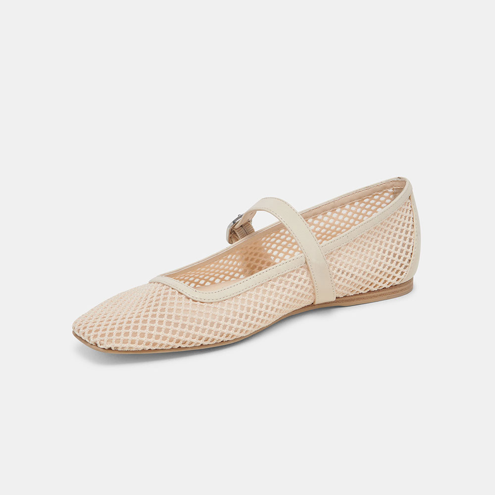 Beige Fishnet Square Toe Flat Buckle Strap Mary Jane Shoes for Women