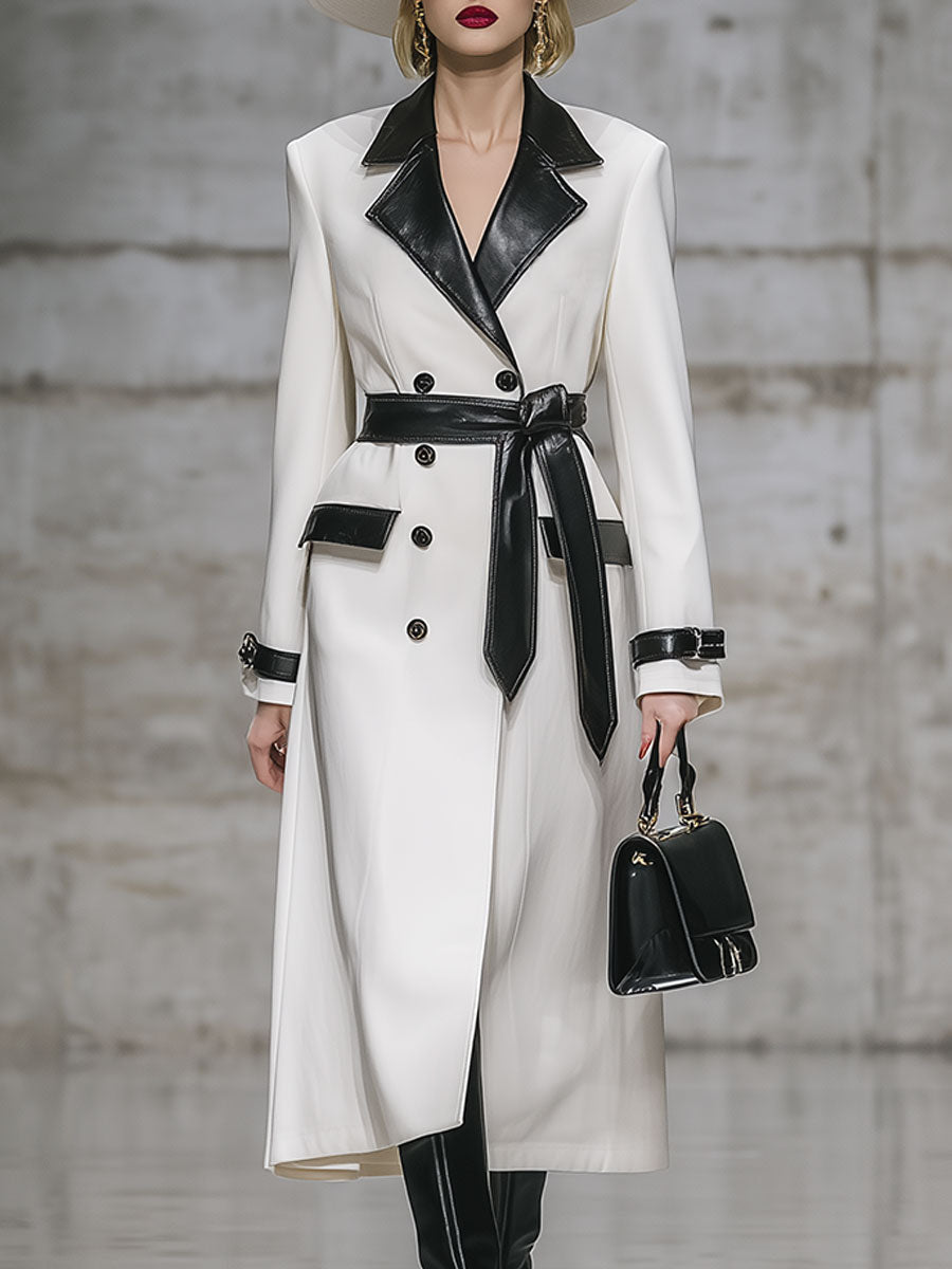 Elegant Urban Lapel White Stitching Faux Leather Mid-Length Coat