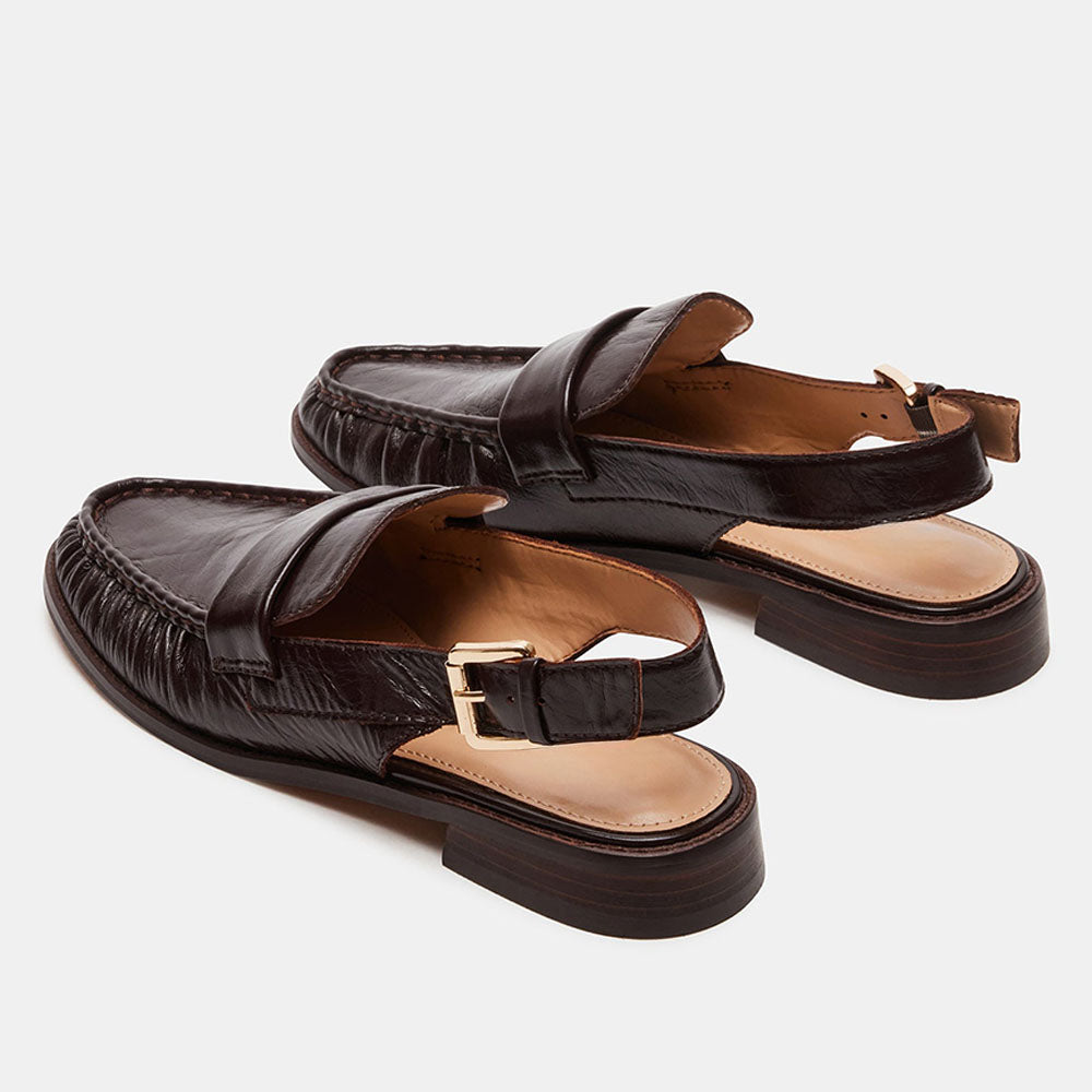 Dark Brown Vegan Leather Round Toe Flat Buckled Loafer Slingbacks
