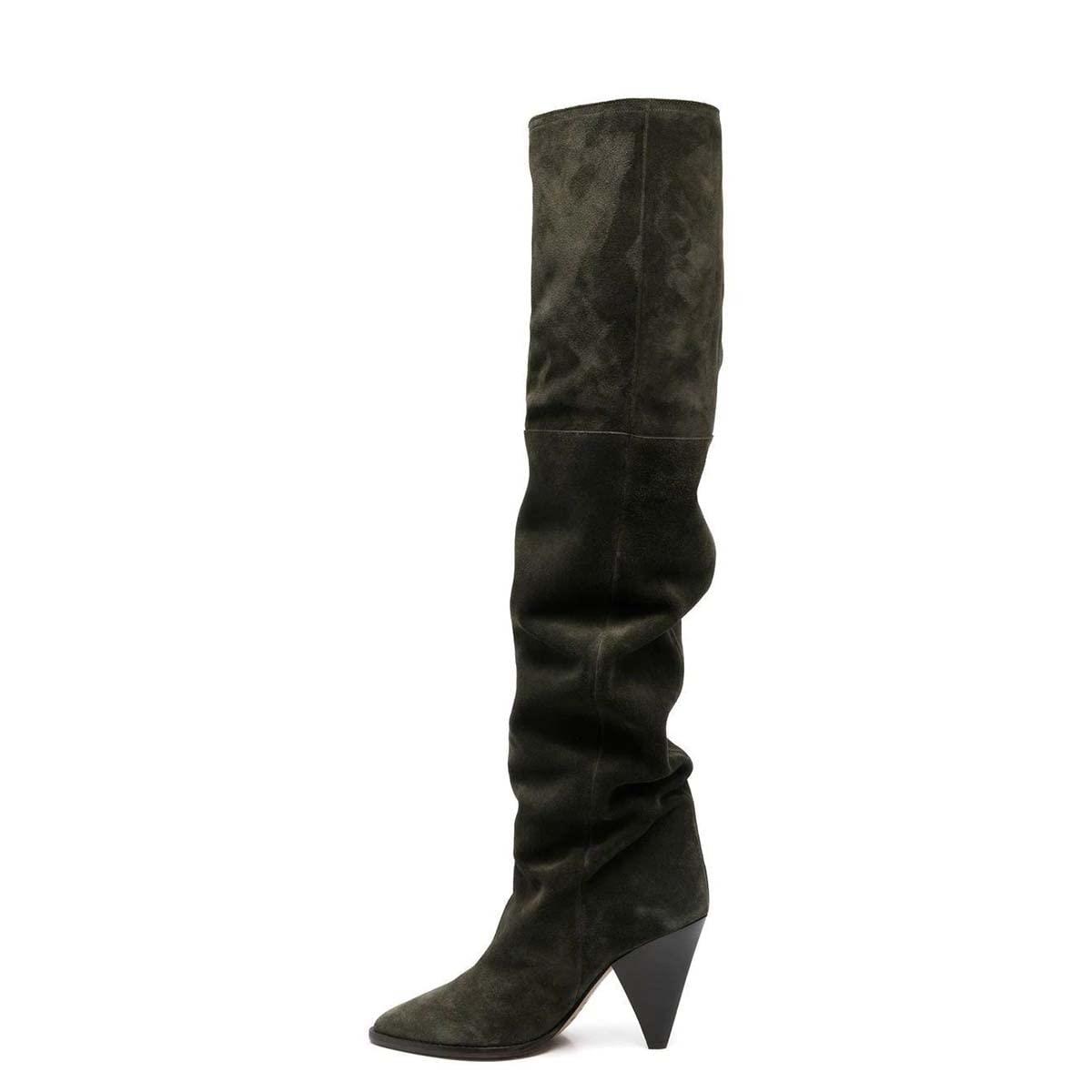 Dark Green Pointed Toe Cone Heel Over The Knee Slouch Boots
