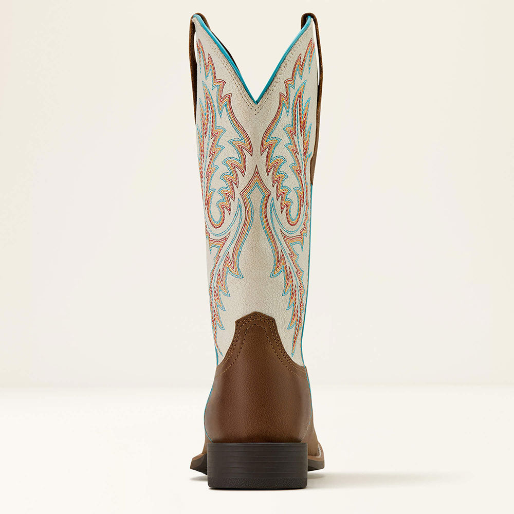 Beige & Brown Round Toe Embroidered Mid-Calf Western Cowgirl Boots