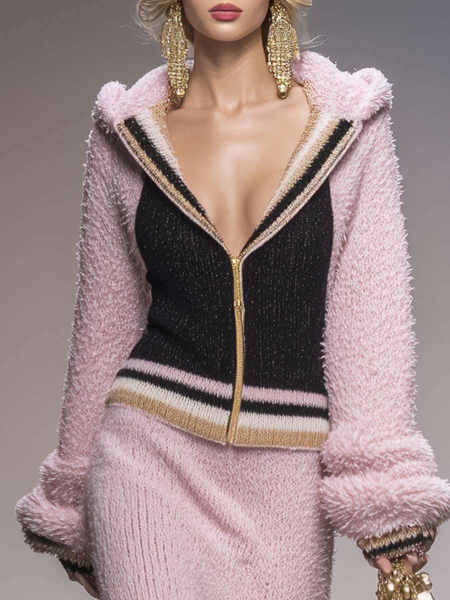 Elegant Retro Sporty Contrast Color Knitted Hooded Front Zip Top And Skirt Set