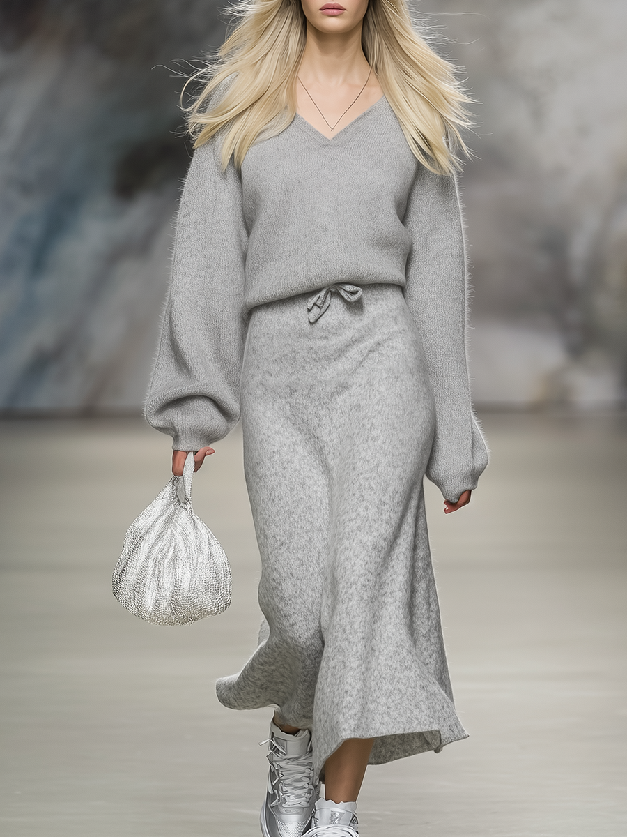 Elegant V-neck Long-sleeved Sweater And Knitted Skirt Set