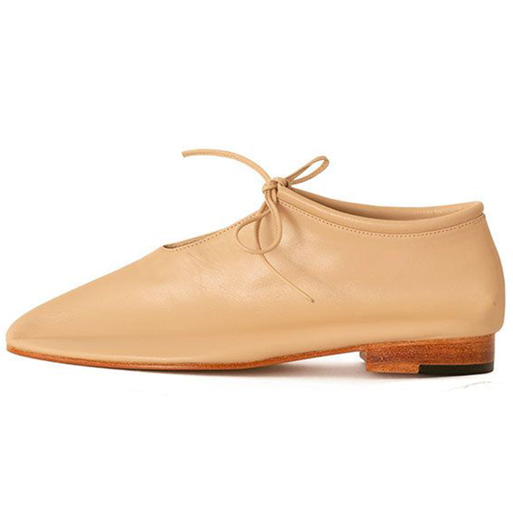 Beige Round Toe Lace Up Flat Oxford Shoes