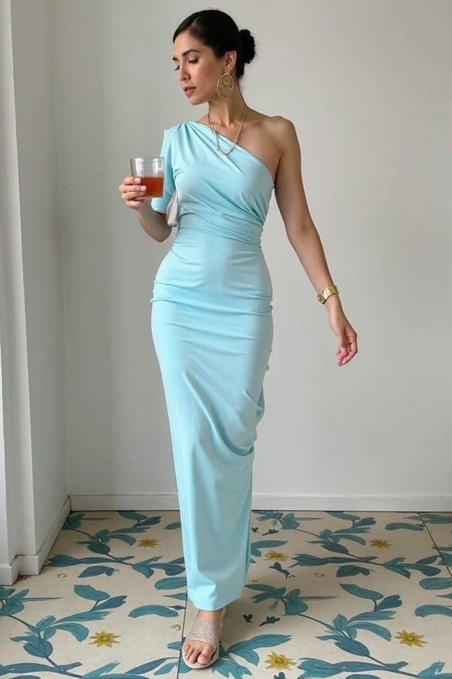 Going Out Party Dress Blue One Shoulder Maxi Dress