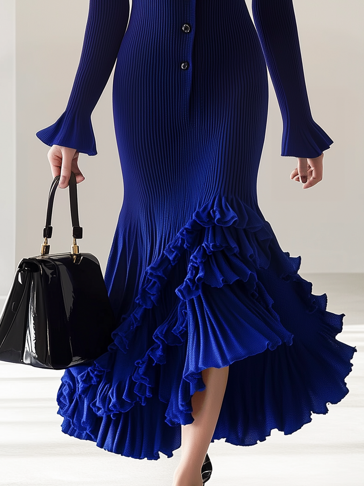 Elegant Royal Blue Knitted Dress With Ruffle Hem Design