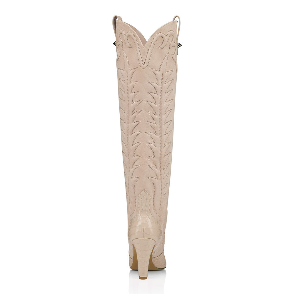Beige Croc Embossed Cone Heel Embroidered Cowboy Boots for Women