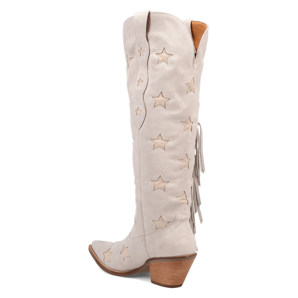 Beige Snip Toe Chunky Heel Fringe Knee-High Cowboy Boots for Women
