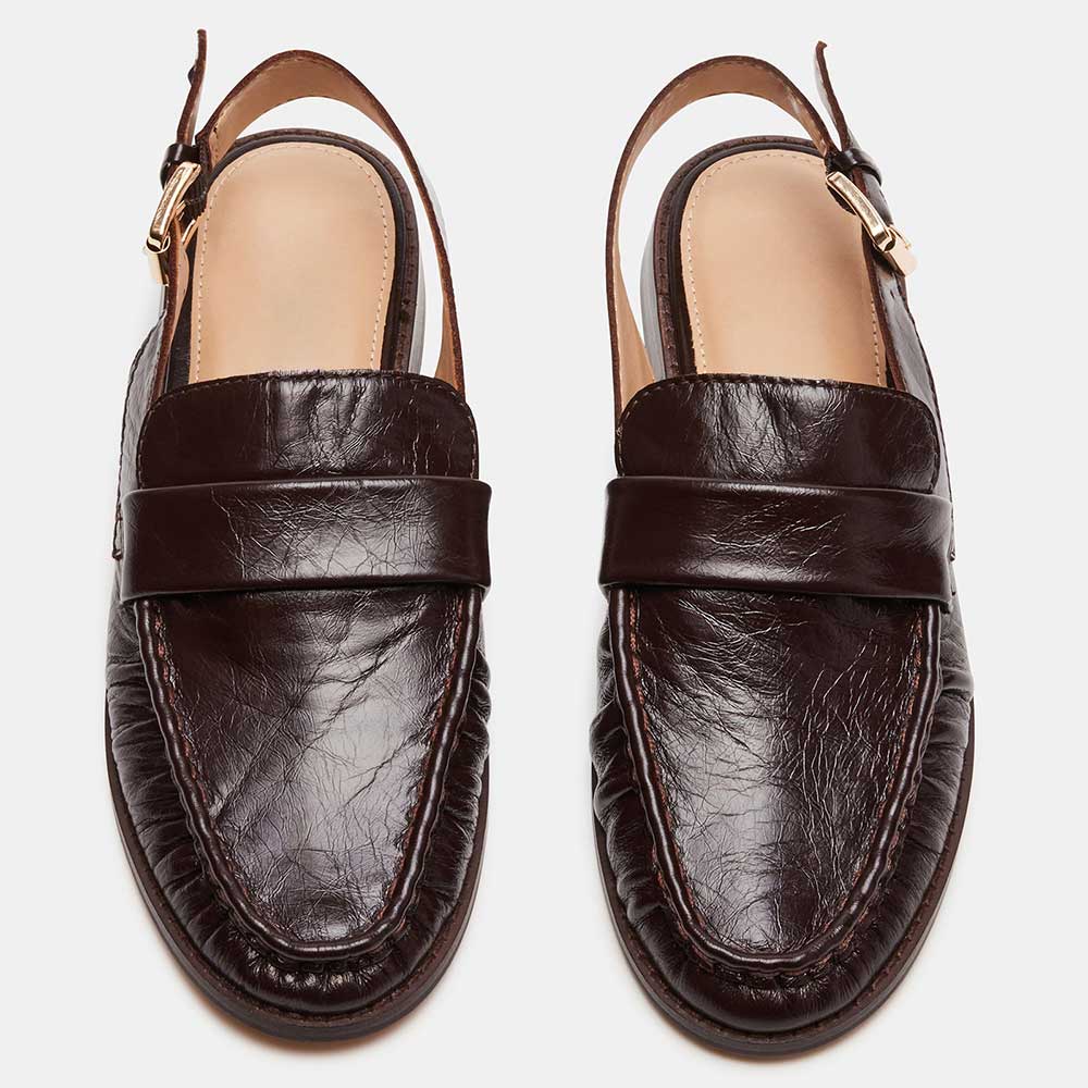Dark Brown Vegan Leather Round Toe Flat Buckled Loafer Slingbacks