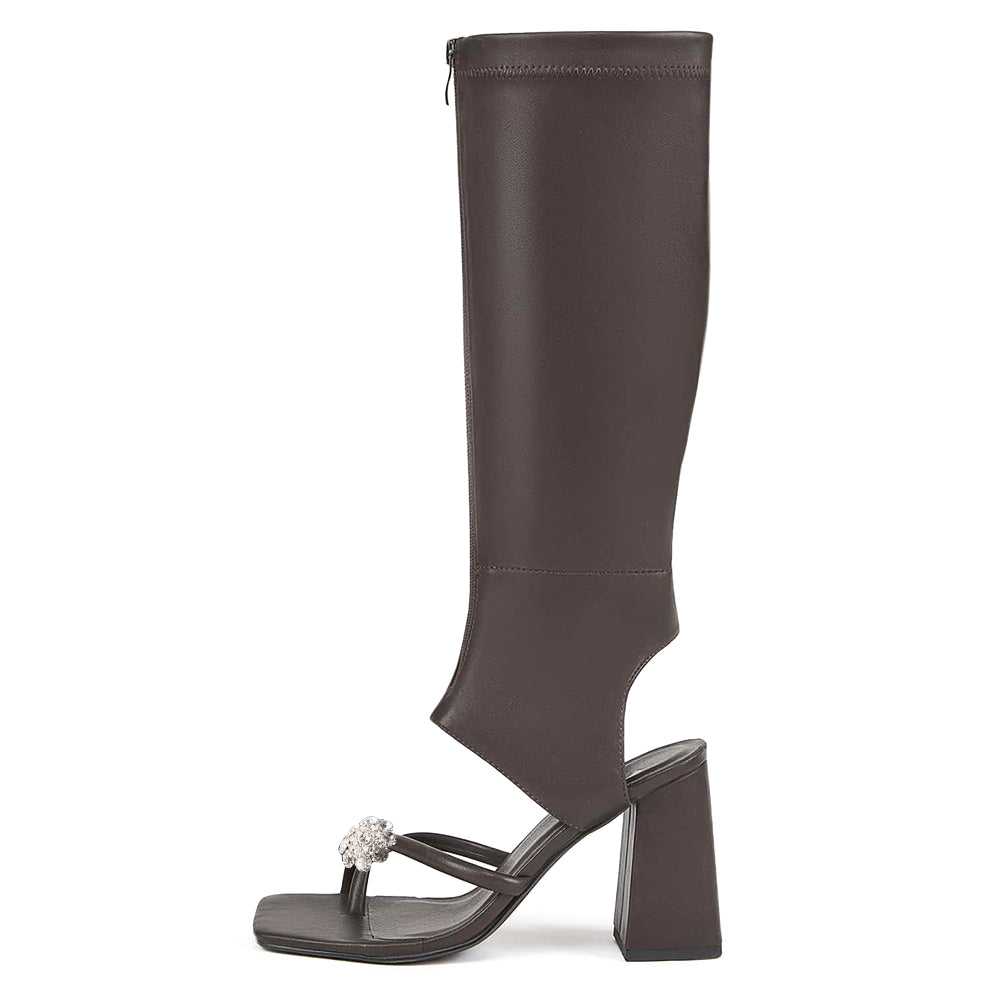 Dark Brown Square Toe Block Heel Sandals Summer Boots with Rhinestone
