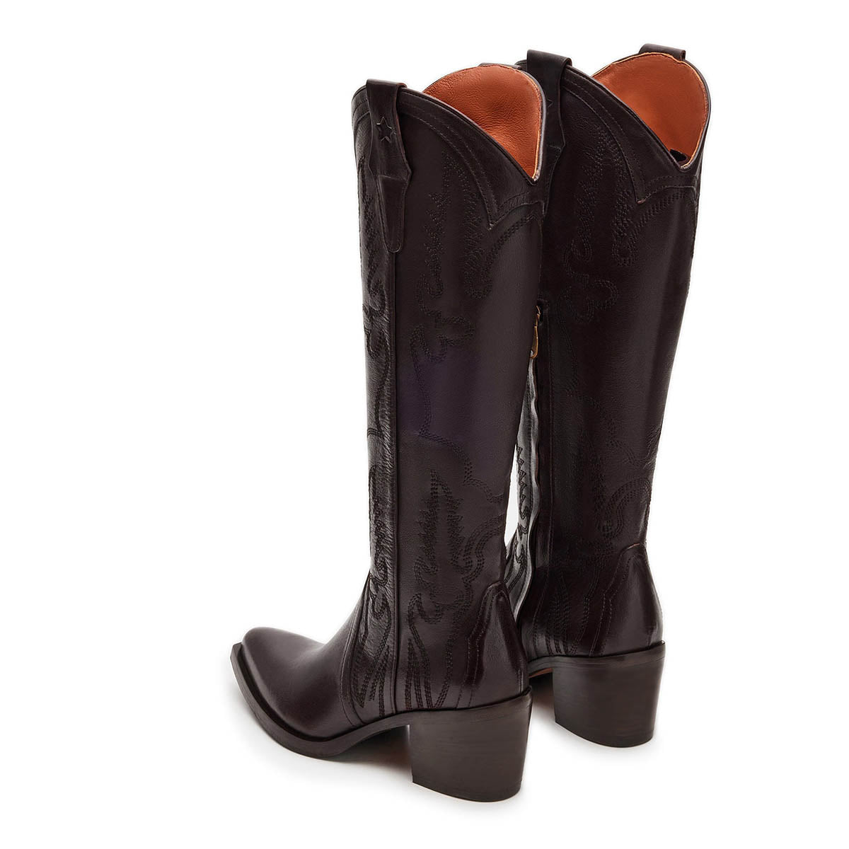 Dark Brown Pointed Toe Chunky Heel Knee-High Embroidered Cowgirl Boots