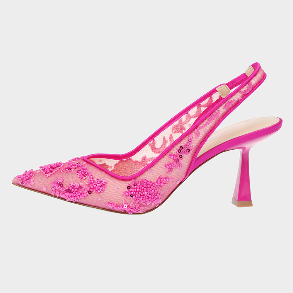 Fuchsia Mesh Beads Sequins Pointed Toe Flared Heel Slingback Shoes