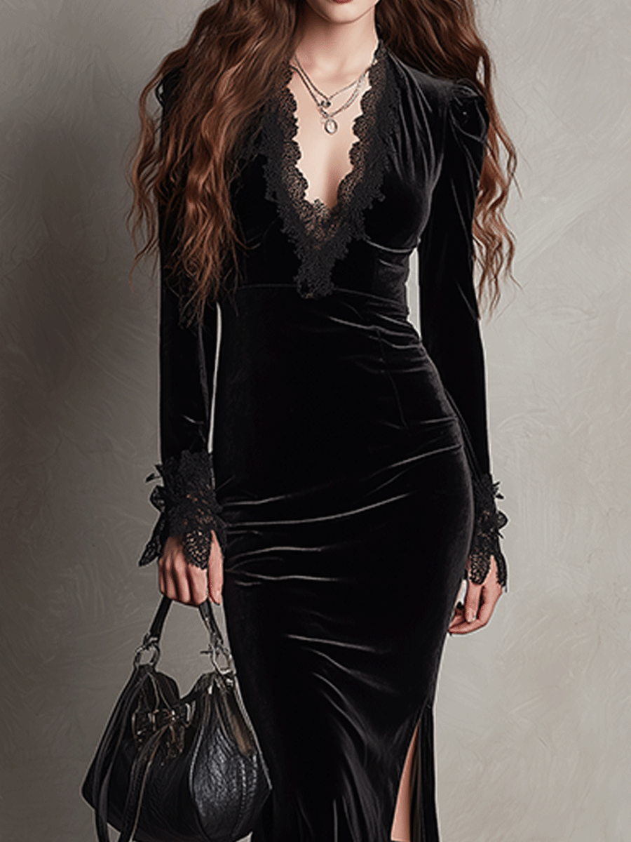 Elegant Velvet Evening Slit Lace Detail Maxi Dress