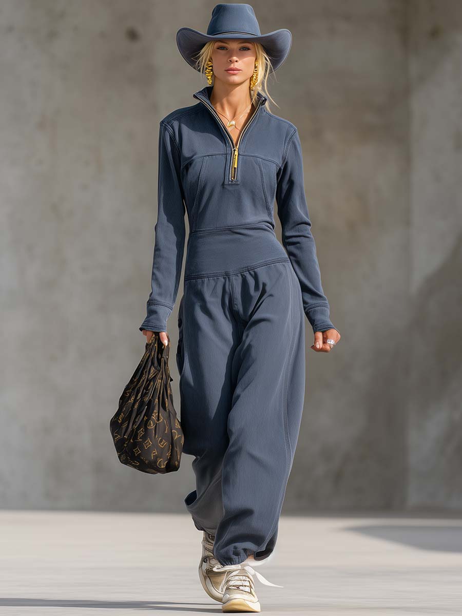 Exquisite Casual Sports Lapel Front Zipper Long Sleeve Retro Gray-blue Cotton Jumpsuit