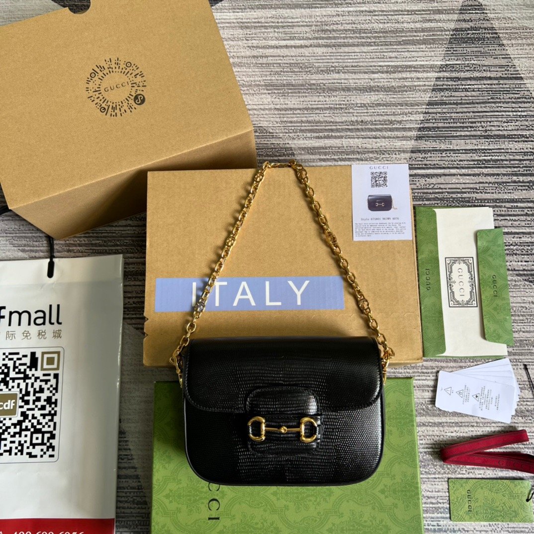 gg Horsebit 1955 Lizard Mini Bag Black For Women, Women’s Bags 8in/20cm gg