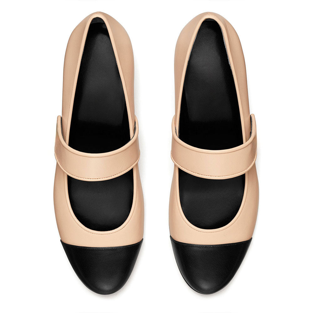 Beige Vegan Leather Black Round Toe Strap Mary Janes for Women