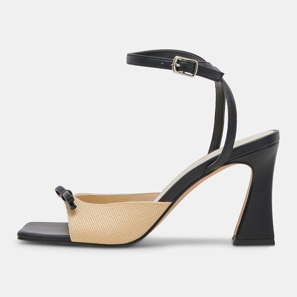 Beige & Black Open Square Toe Flared Heel Ankle Strap Women's Sandals