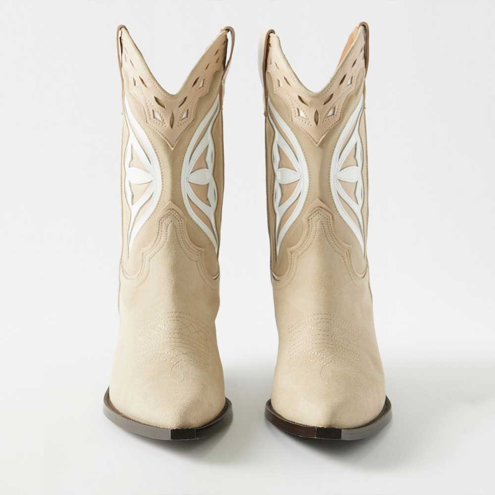 Beige Faux Suede Pointed Toe Chunky Heel Butterfly Cowgirl Boots