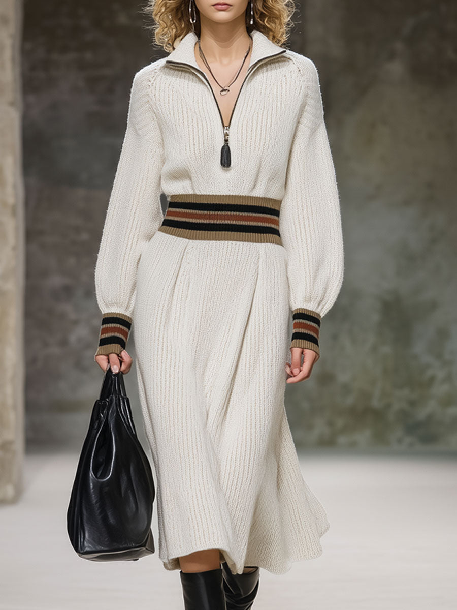 Fashion Loose Retro Striped White Knitted Midi Dress