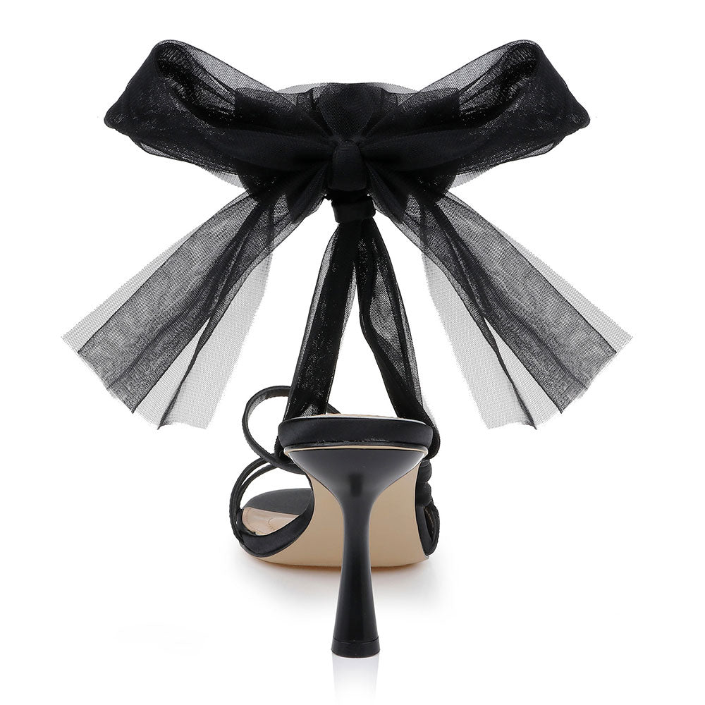 Elegant Satin Open Round Toe Chiffon Ankle-Tie Black Heels Sandals