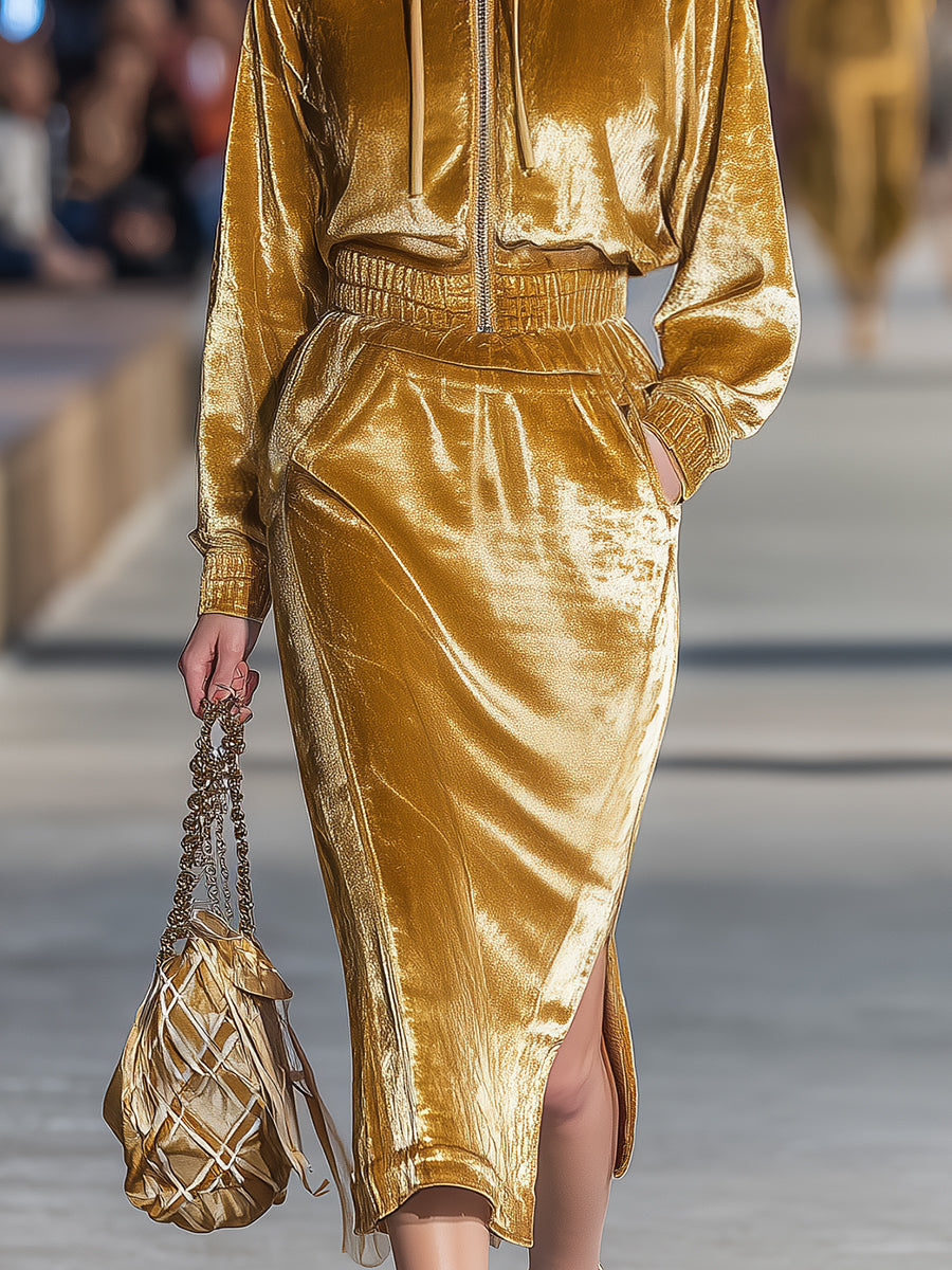 Fashionable And Playful Gold Velvet Cat Zipper Hooded Slit Midi Dress