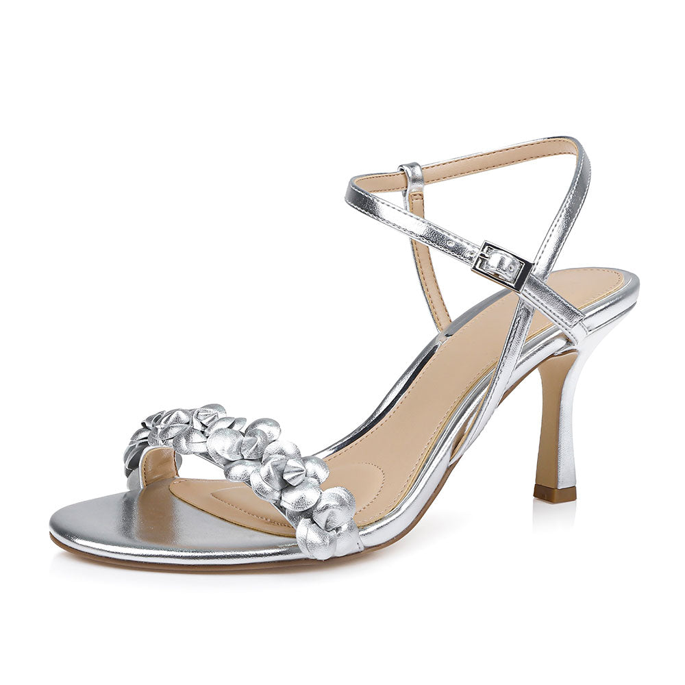 Ankle Strap Open Toe Flower Decor Women's Heel Sandals in Silver