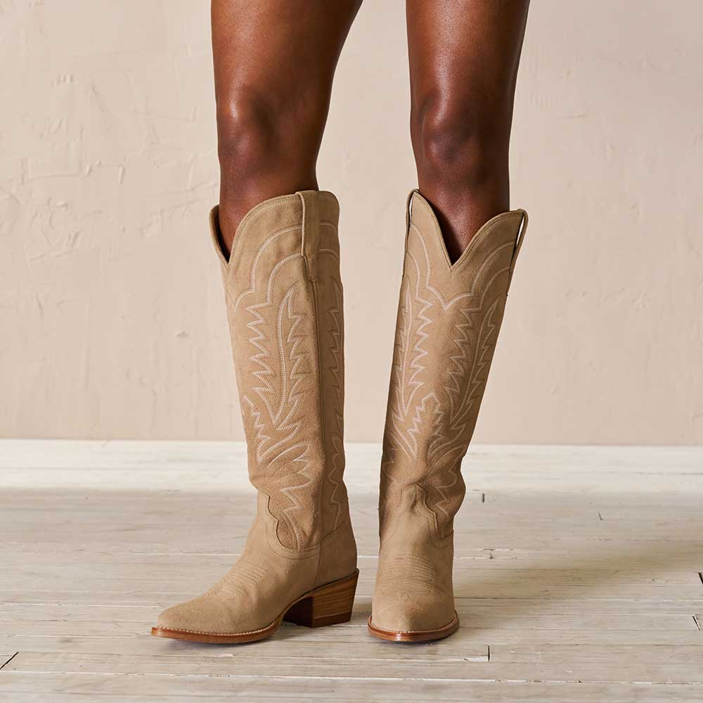 Beige Embroidered Almond Toe Chunky Heel Knee-High Cowgirl Boots