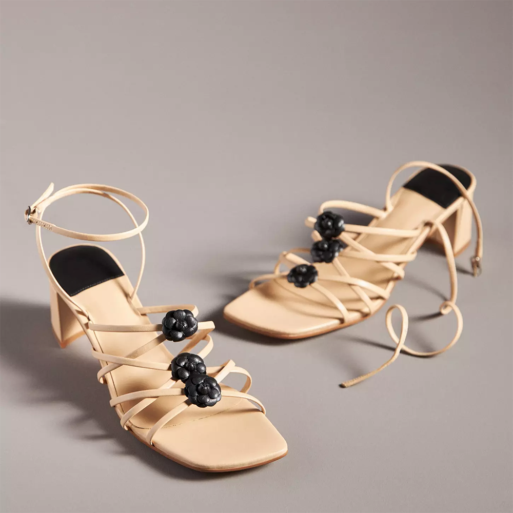 Beige Square Toe Chunky Heel Criss-Cross Ankle Strap Sandals