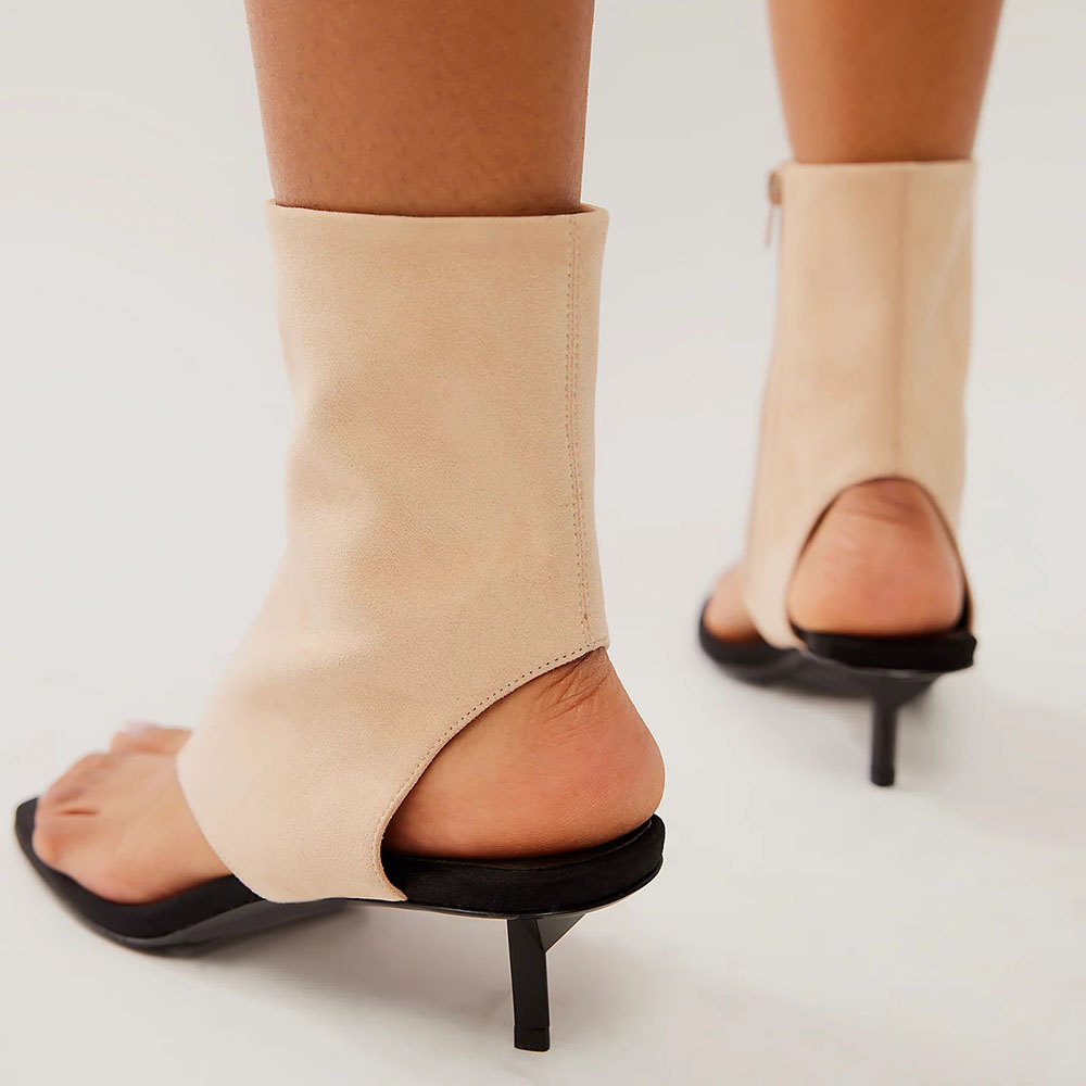 Beige Open Square Toe Kitten Heel Side-Zip Summer Ankle Boots