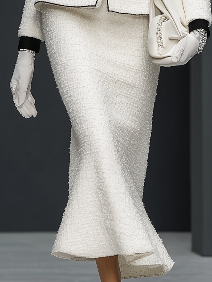 White Tweed Patchwork Black Ribbon Jacket And Fishtail Skirt Suit