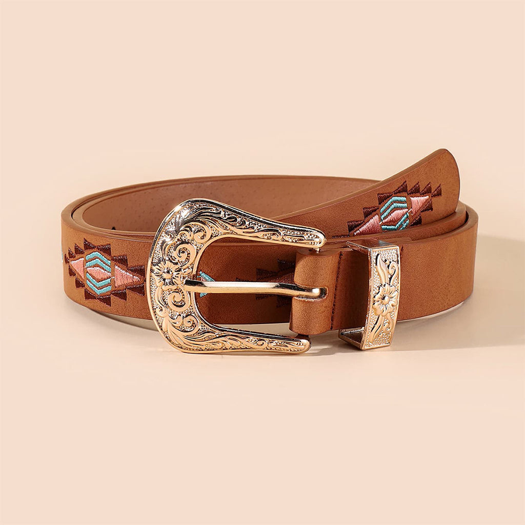 Ethnic Floral Leaf Pattern Embroidered Buckle Belt
