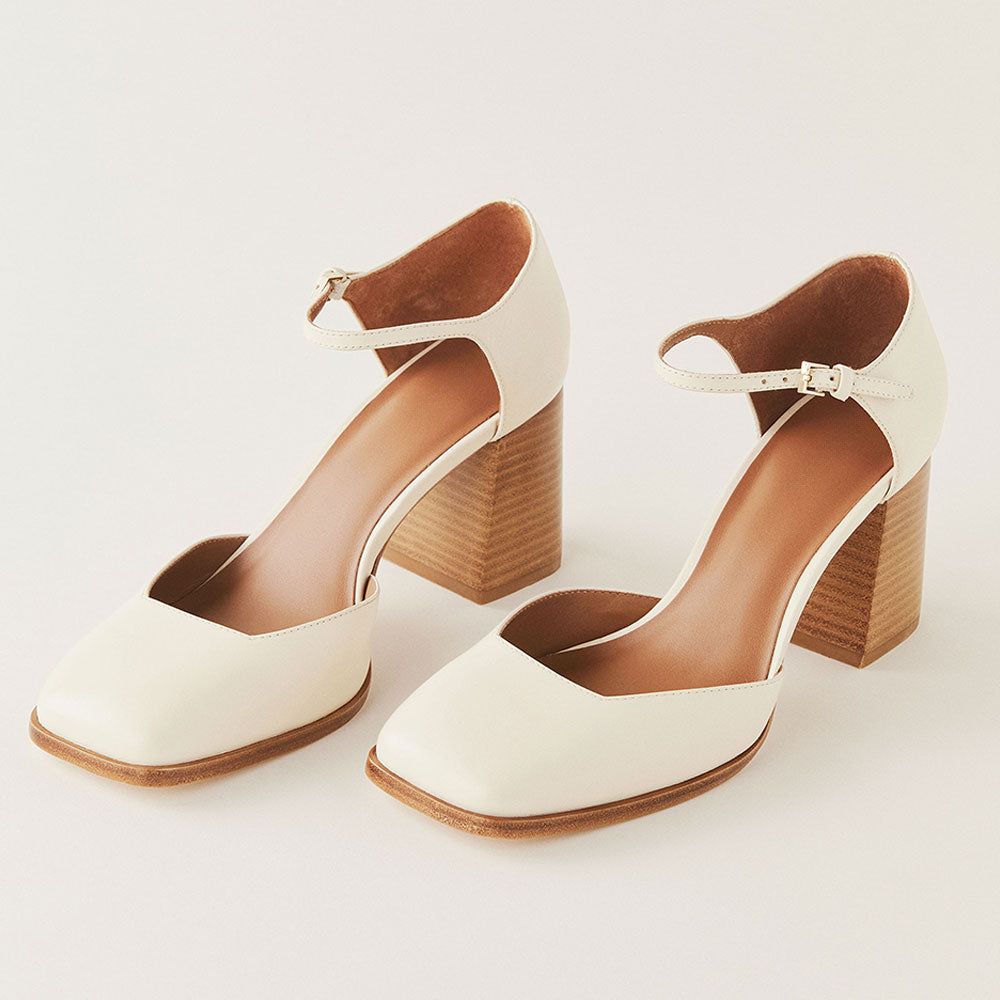 Beige Closed Square Toe Block Heel Pumps with Buckled Ankle Strap