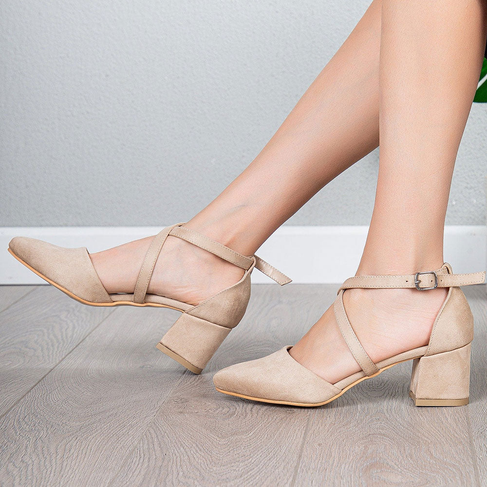 Beige Almond Toe Block Heel Buckle Criss-Cross Strap Pumps for Women
