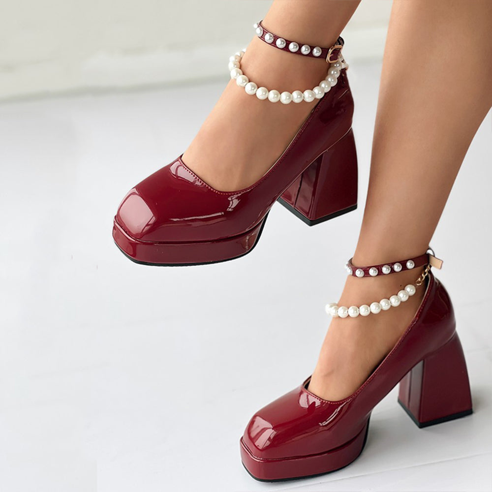 Full Color Patent Leather Platform Mary Janes Pearl Ankle Strap Chunky Heels