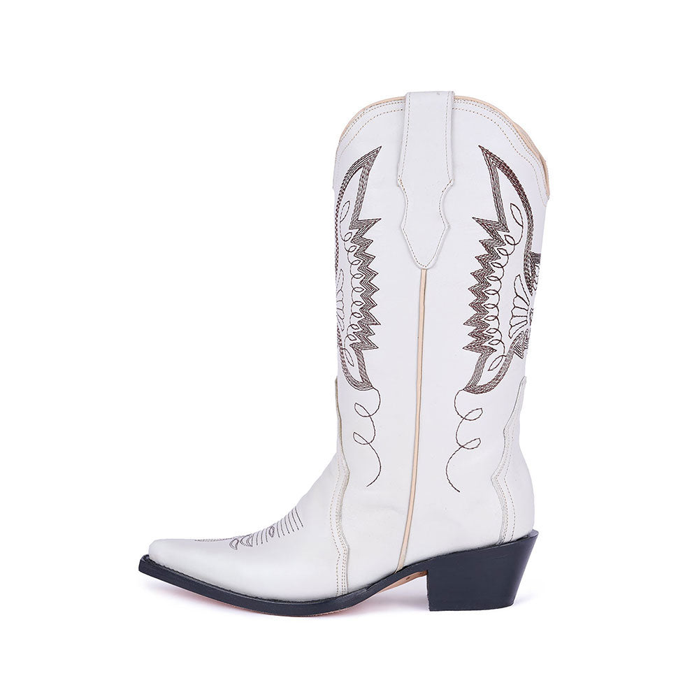 Embroidered Mid-Calf Snip Toe White Western Boots for Women