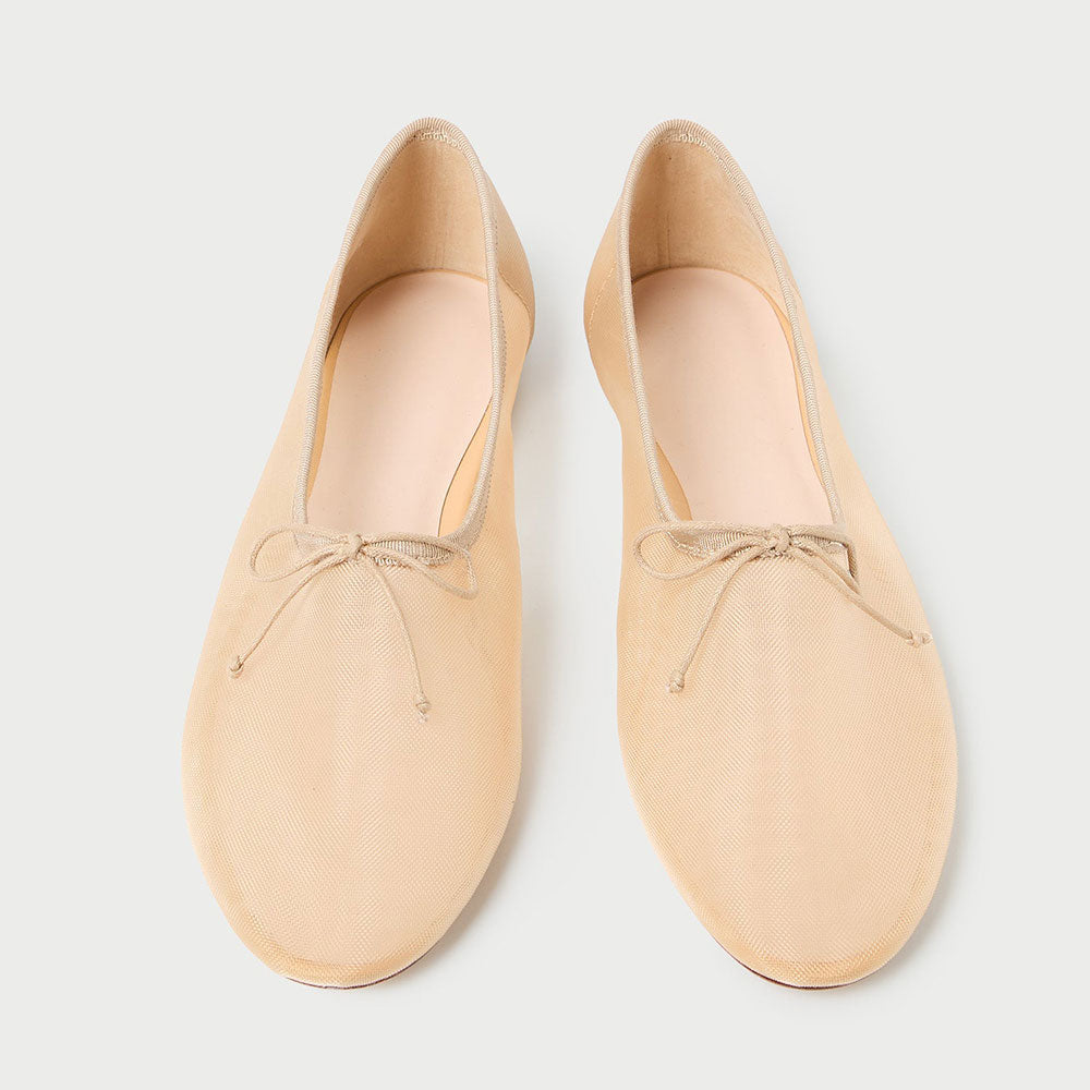 Beige Mesh Round Toe Flat Bow Inlay Sophisticated Ballet Shoes