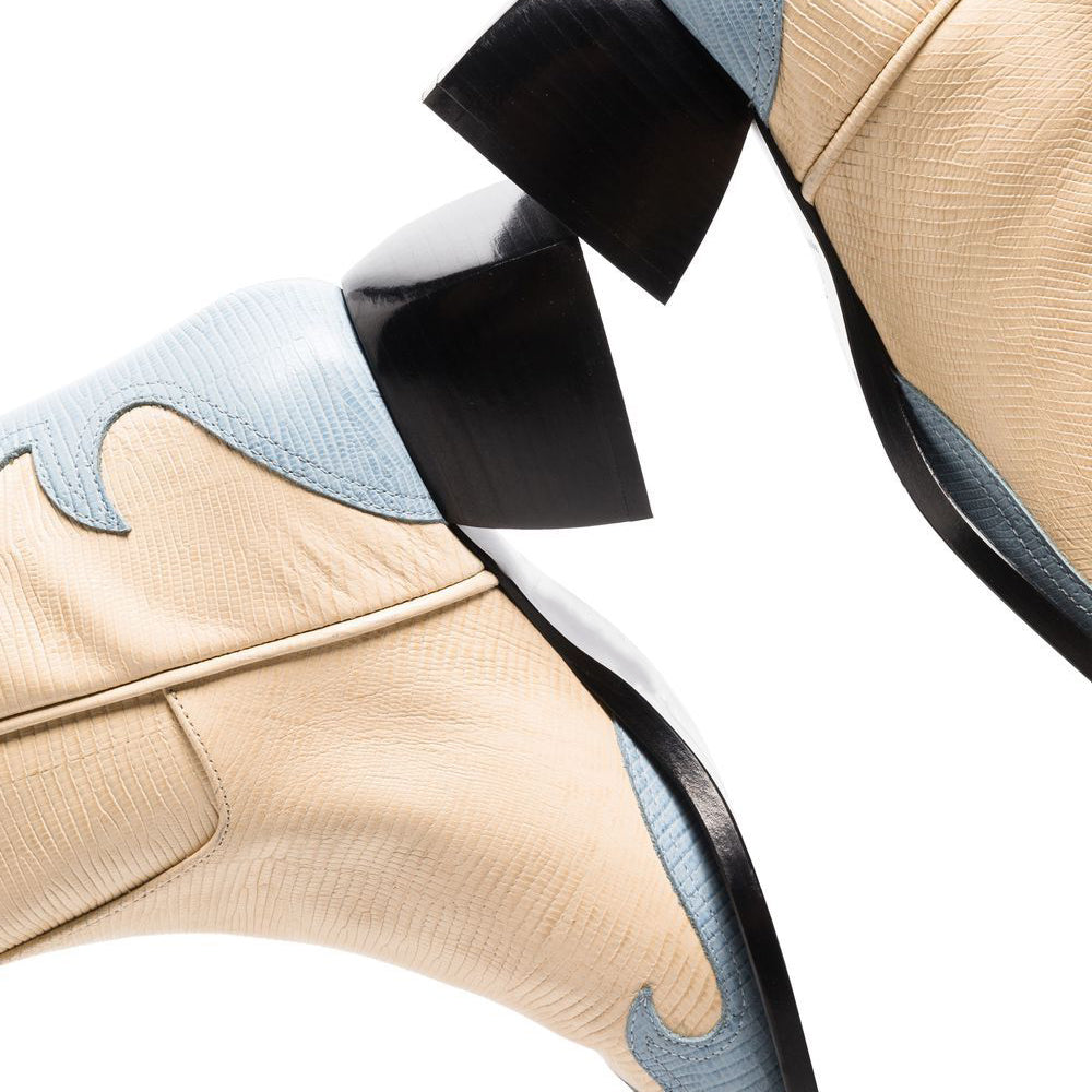 Beige & Blue Square Toe Chunky Heel Knee High Winter Boots