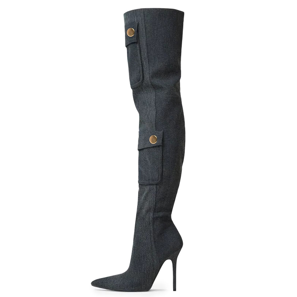 Dark Grey Denim Pocket Pointed Toe Stiletto Heel Zip Thigh Heel Boots