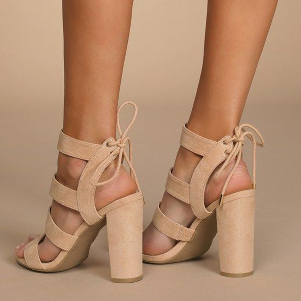 Beige Faux Suede Open Toe 4'' Chunky Heel Strappy Sandals
