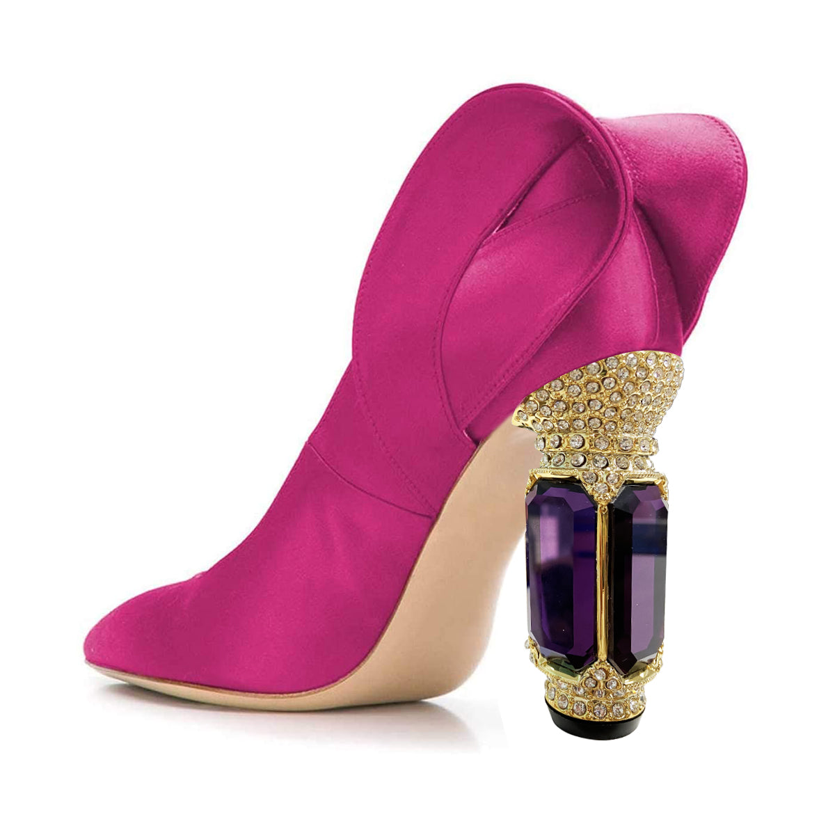 Fuchsia Satin Pointed Toe Pumps Shoes with Sculptural Heel