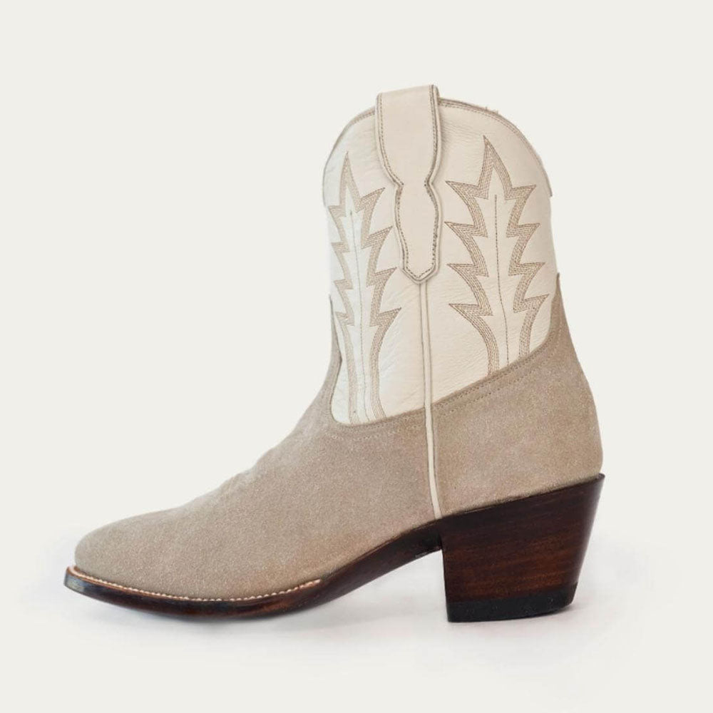 Beige & White Faux Suede Round Toe Chunky Heel Cowgirl Ankle Boots