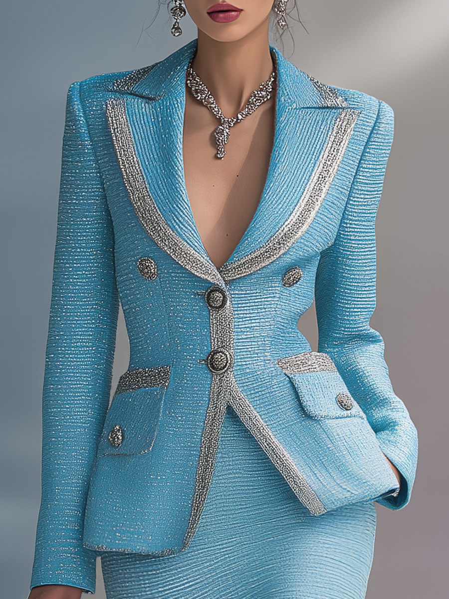 Elegant Silver Trim Blazer And Skirt Set