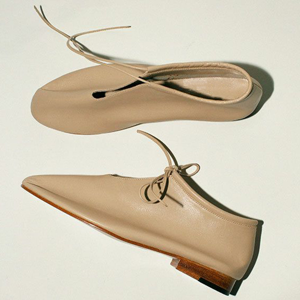 Beige Round Toe Lace Up Flat Oxford Shoes