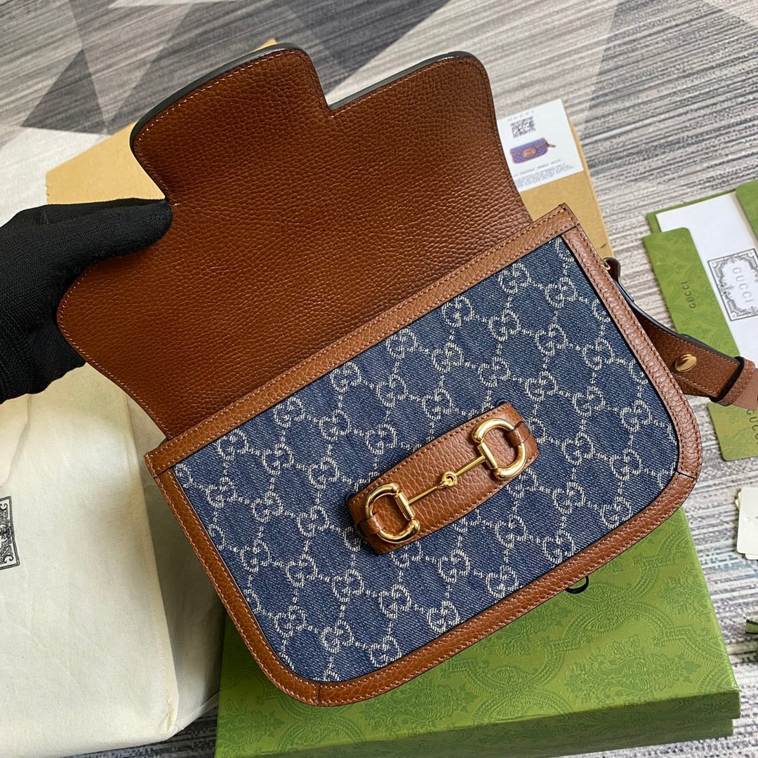 gg Horsebit 1955 Shoulder Bag Blue And Ivory For Women, Women’s Bags 9.8in/25cm gg