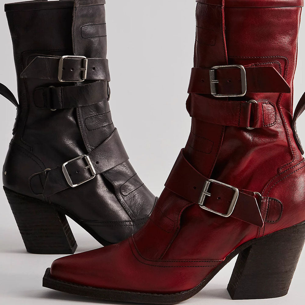 Dark Grey Snip Toe Zipper Chunky Heeled Ankle Boots with Buckle Strap